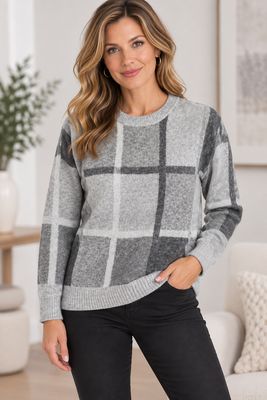 F805 Plaid print soft crew neck sweater