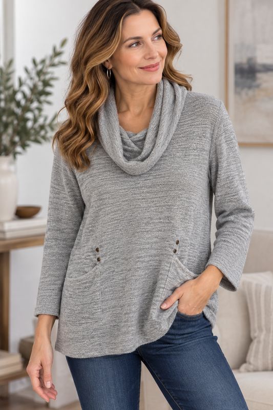 AM805 Cowl neck heathered top w/front pockets