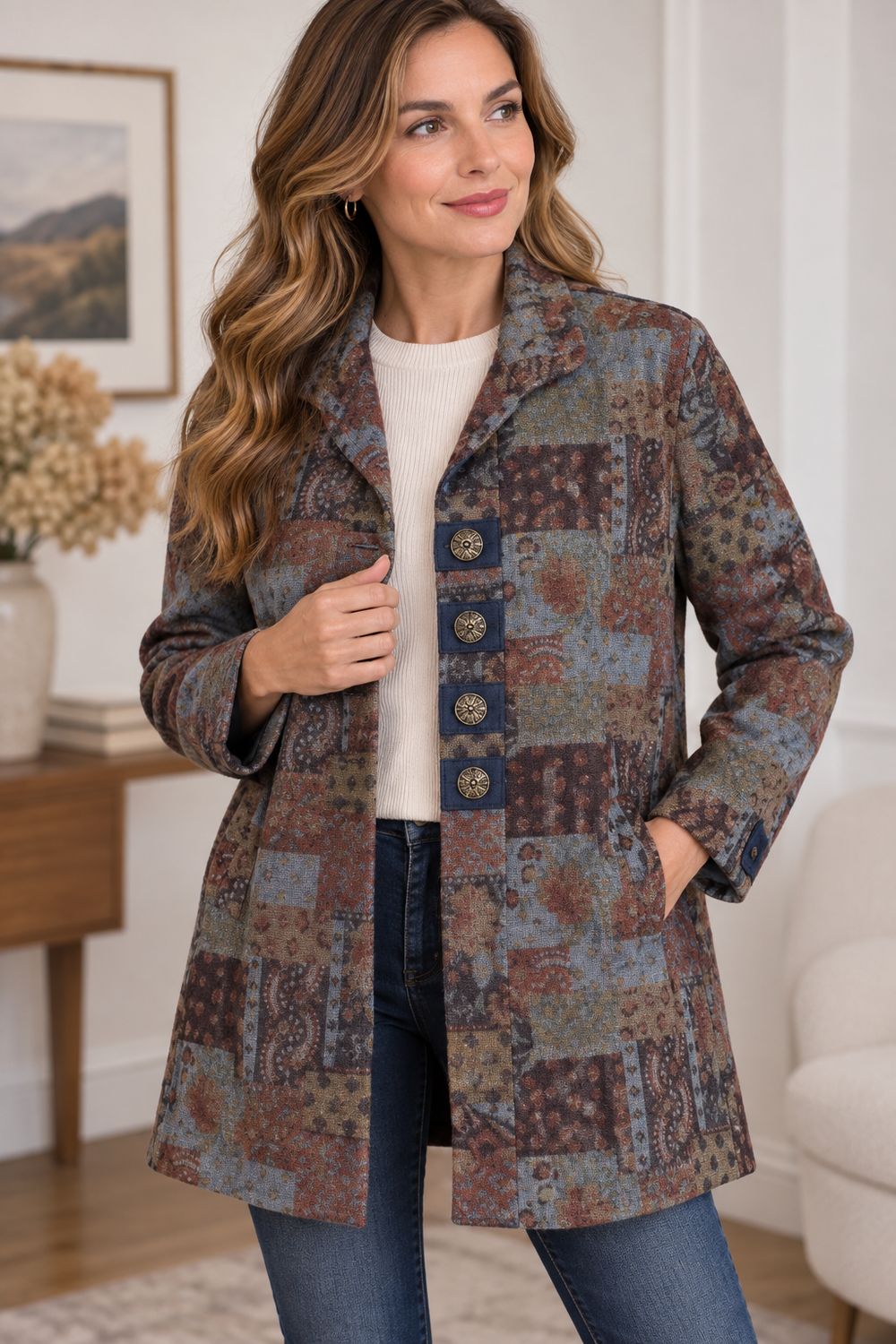 AM820 Printed denim button jacket w/pockets