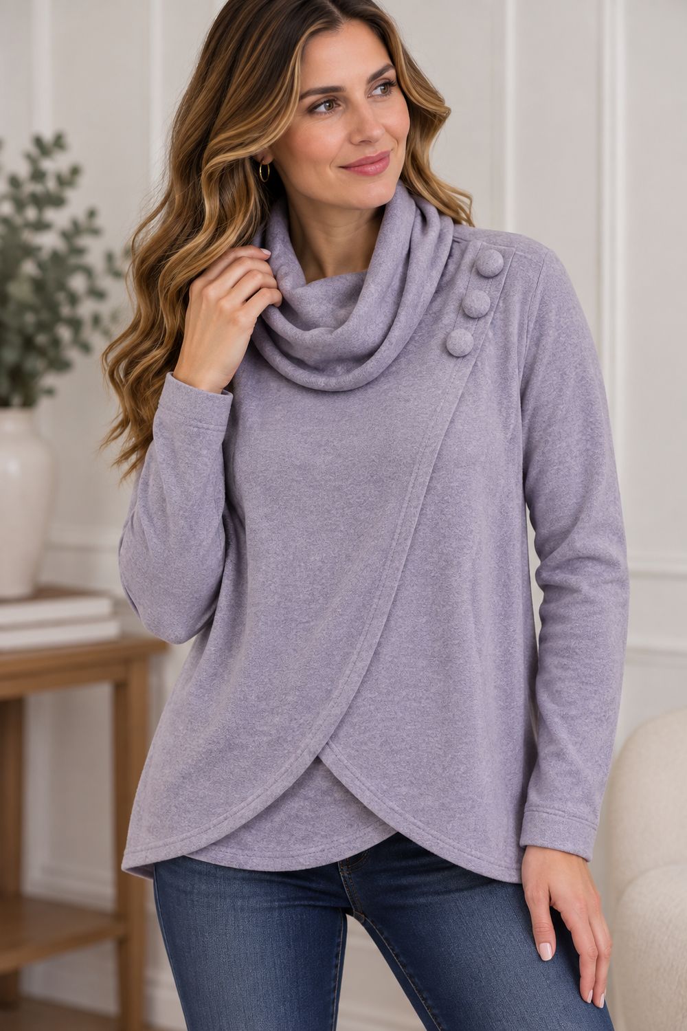 AM881 Pull over cowl neck top w/button detail