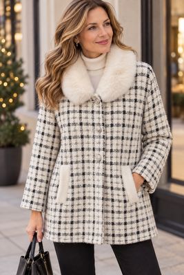 F820 Fur trim long sweater jacket w/pockets