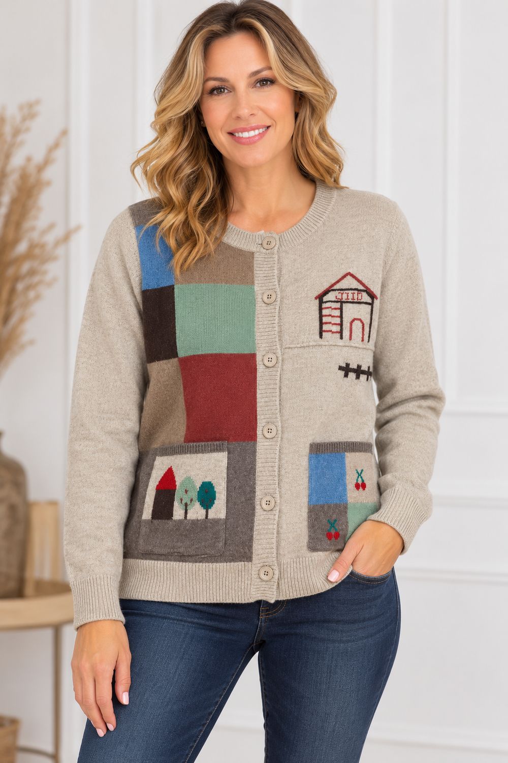 5133-258-58 Patchwork multi print cardigan w/pockets