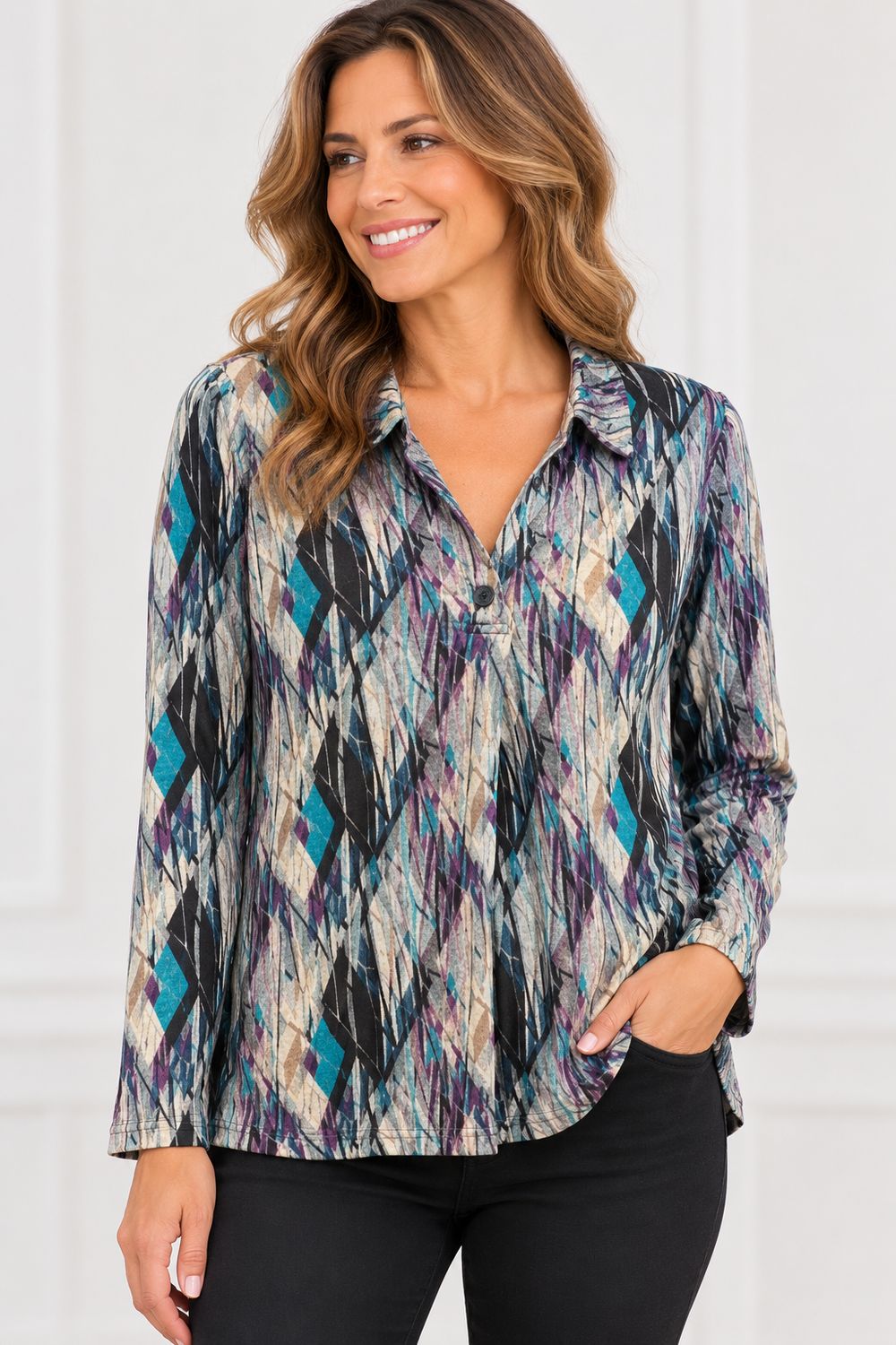 NL-84575 Long sleeve printed top w/collar