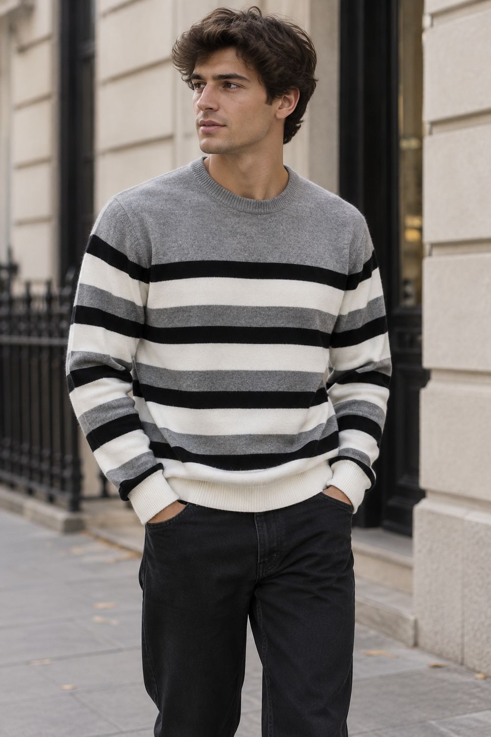 7763485 lightweight cashmere likeround neck stripe sweater