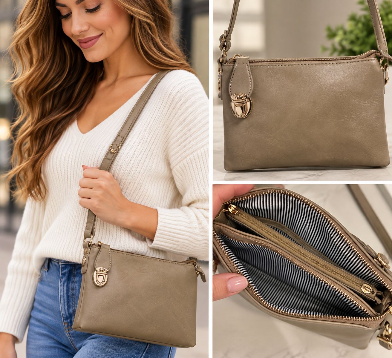7012-E-TPE crossbody bag w/ multiple pockets adjustable removable strap &amp; wristlet