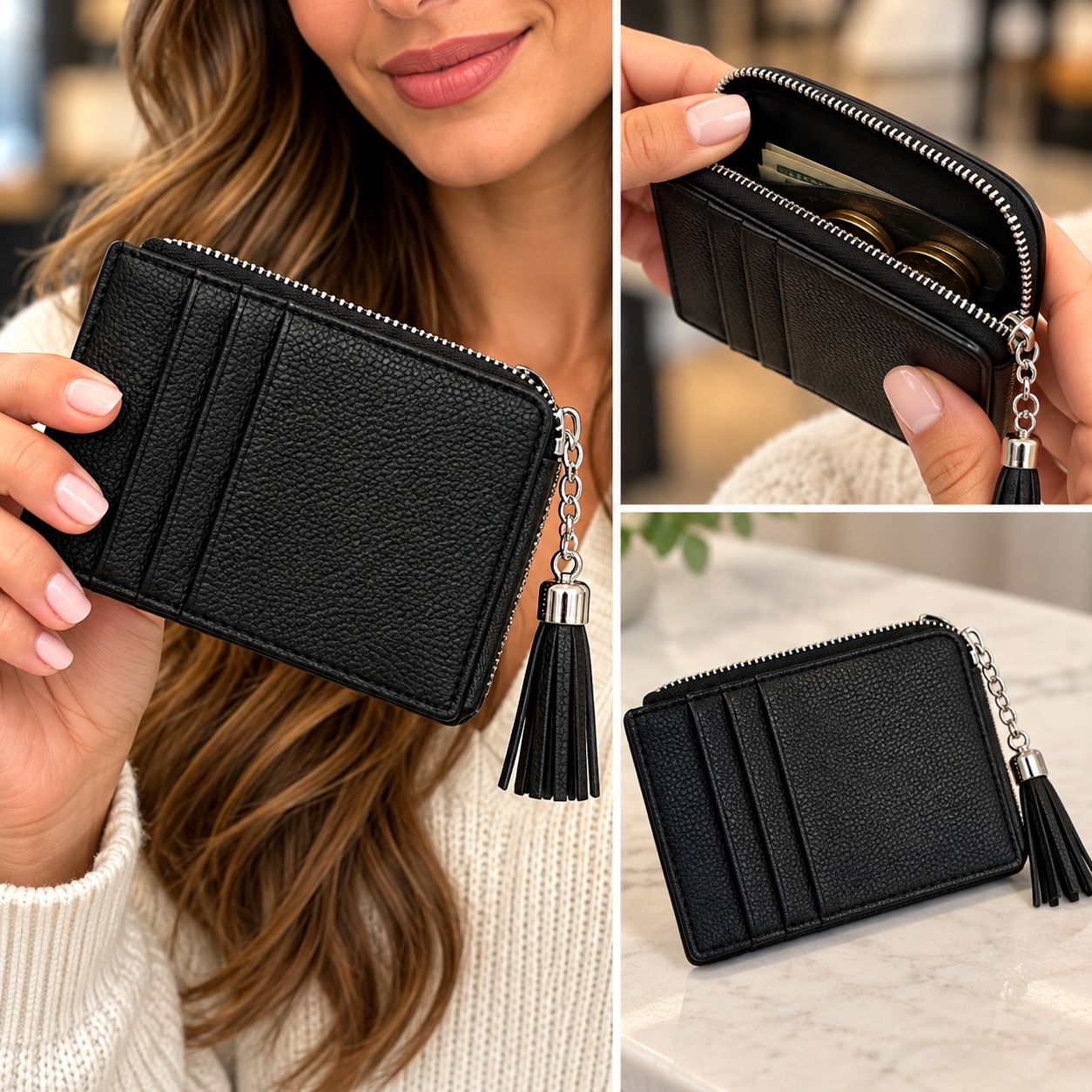 7150-BLK card wallet w/3 slots and zipper