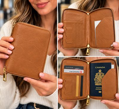 7212-CAM Passport holder w/inside pockets and zip closure