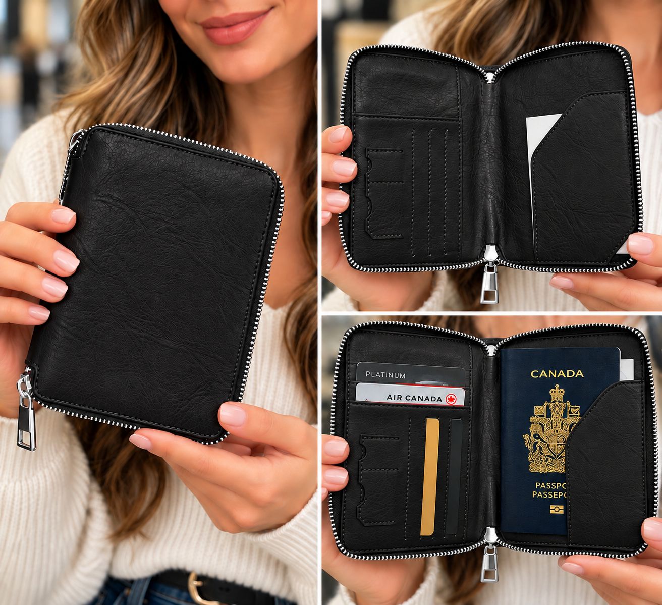 7212-BLK Passport holder w/inside pockets and zip closure