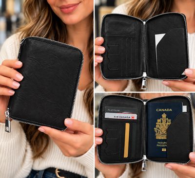 7212-BLK Passport holder w/inside pockets and zip closure