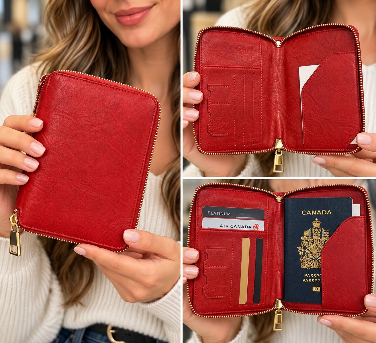 7212-RED Passport holder w/inside pockets and zip closure