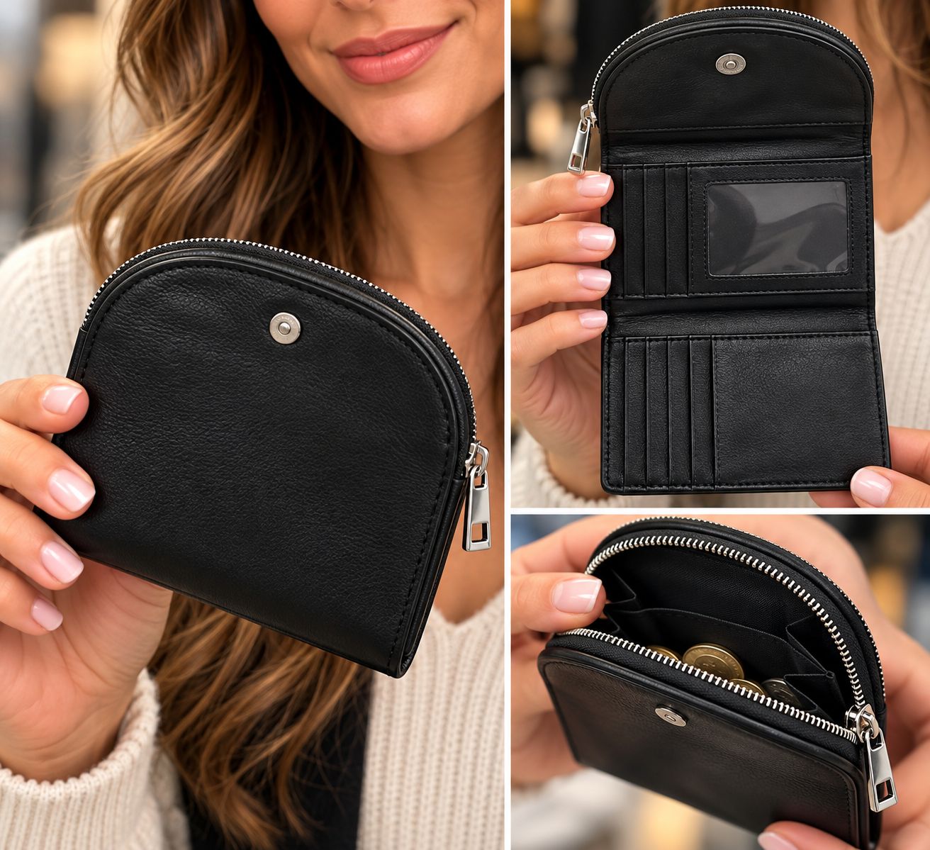 7154-BLK 6 card slots bills and zip coin compartment