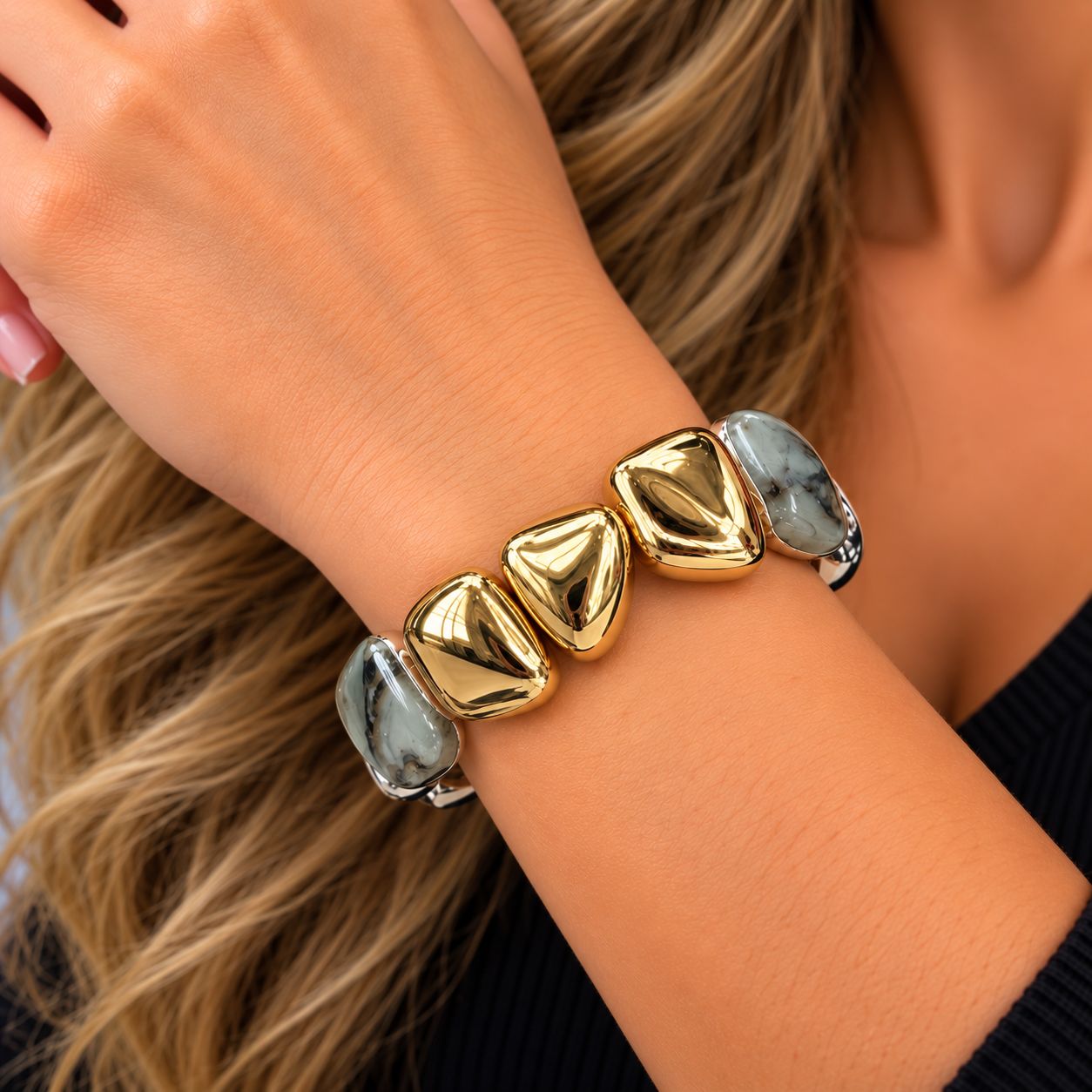 3395-GLD 2 tone stone look stretch bracelet