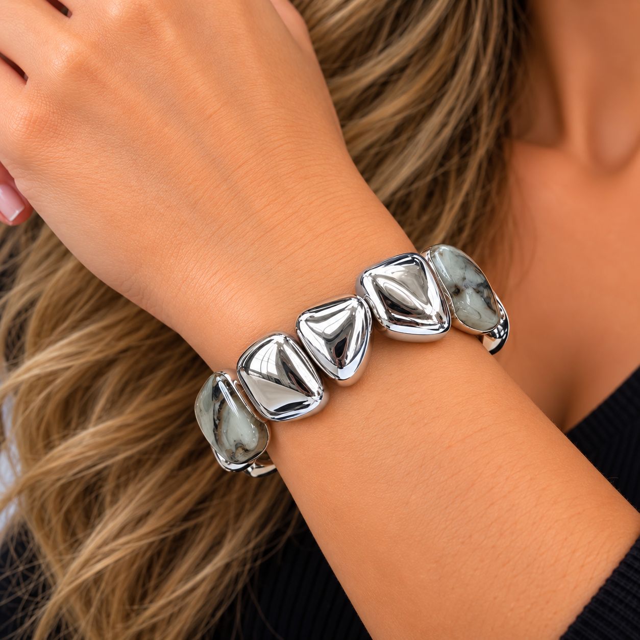 3395-SLV 2 tone stone look stretch bracelet