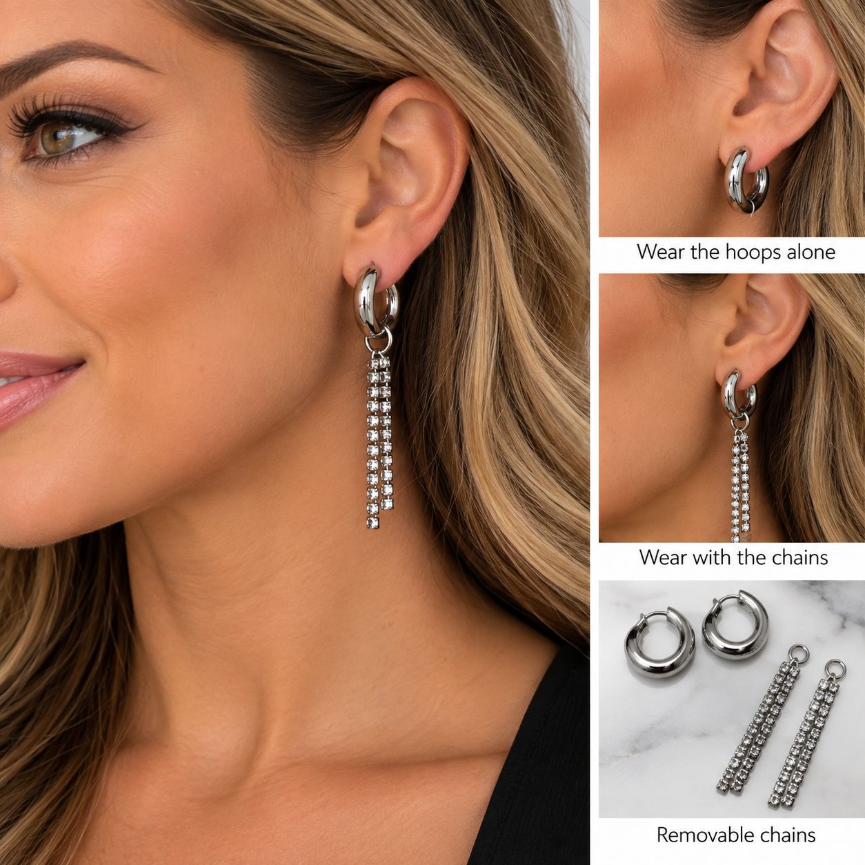 2760-SLV hoop earring w/removable chain charm