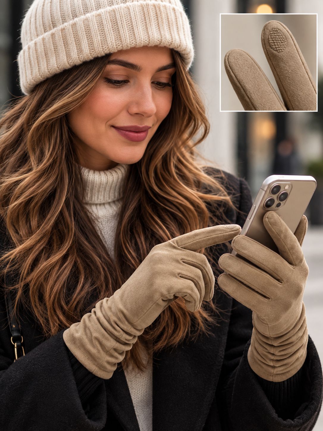 SWG18106 Faux suede touch stretch gloves rouched sides