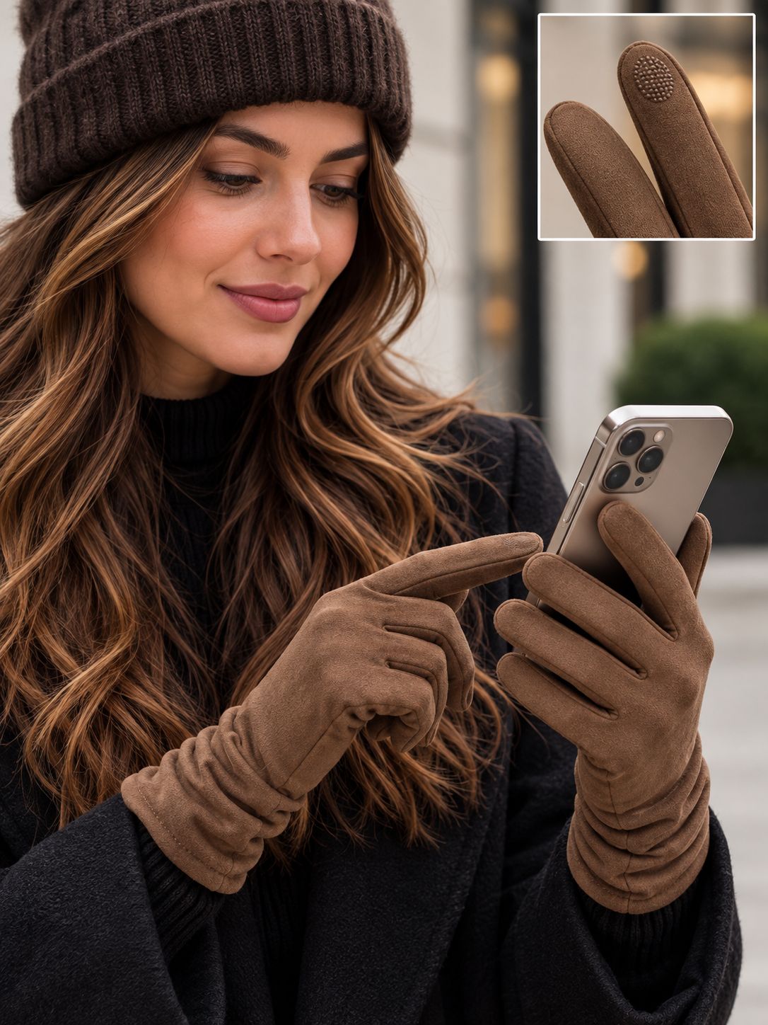 SWG18106 Faux suede touch stretch gloves rouched sides