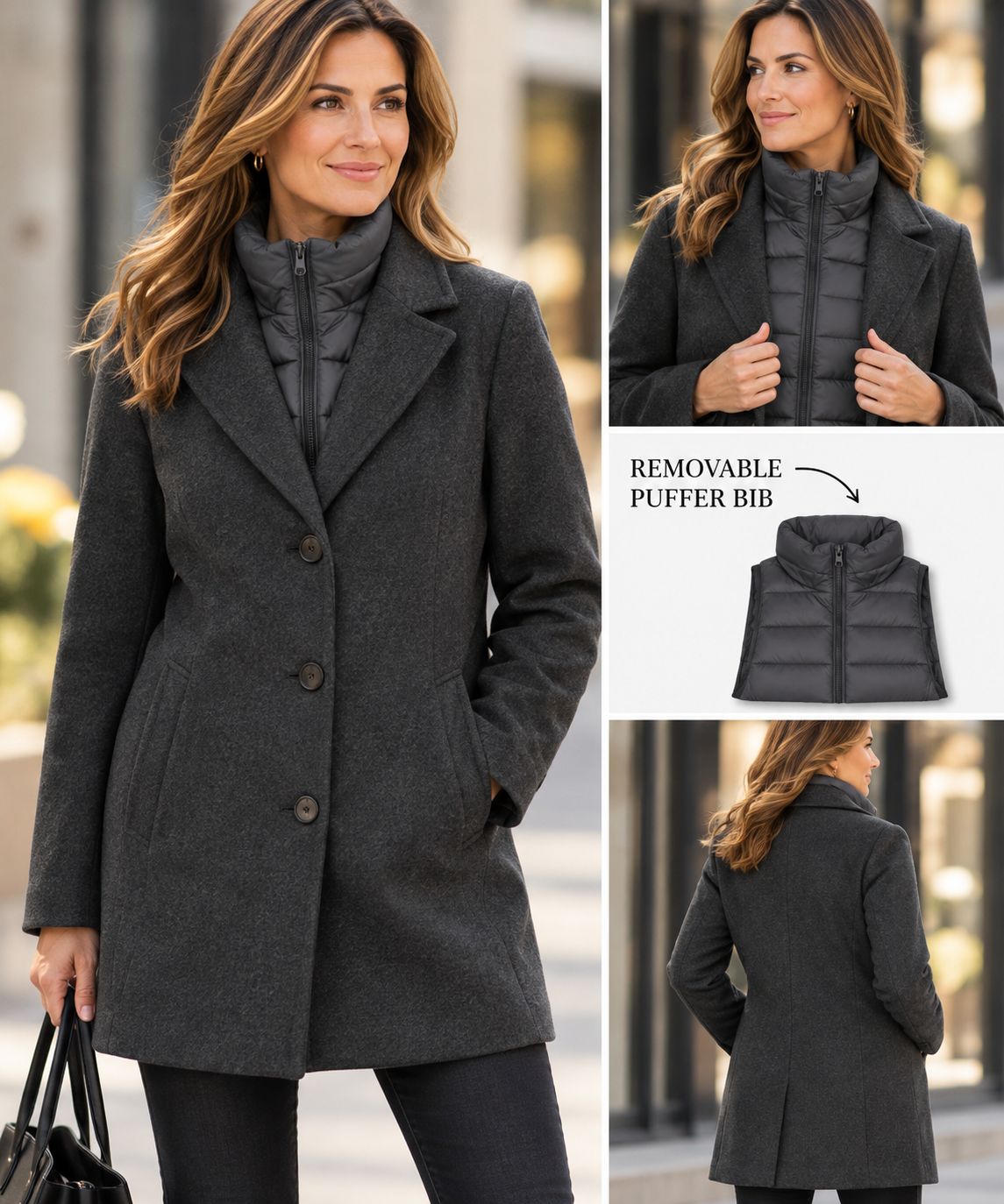 7768410 Button melton jacket w/pockets and detachable puffer bib