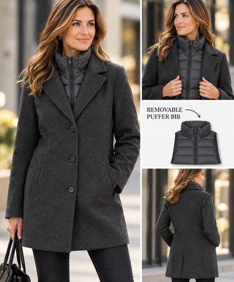 7768410 Button melton jacket w/pockets and detachable puffer bib