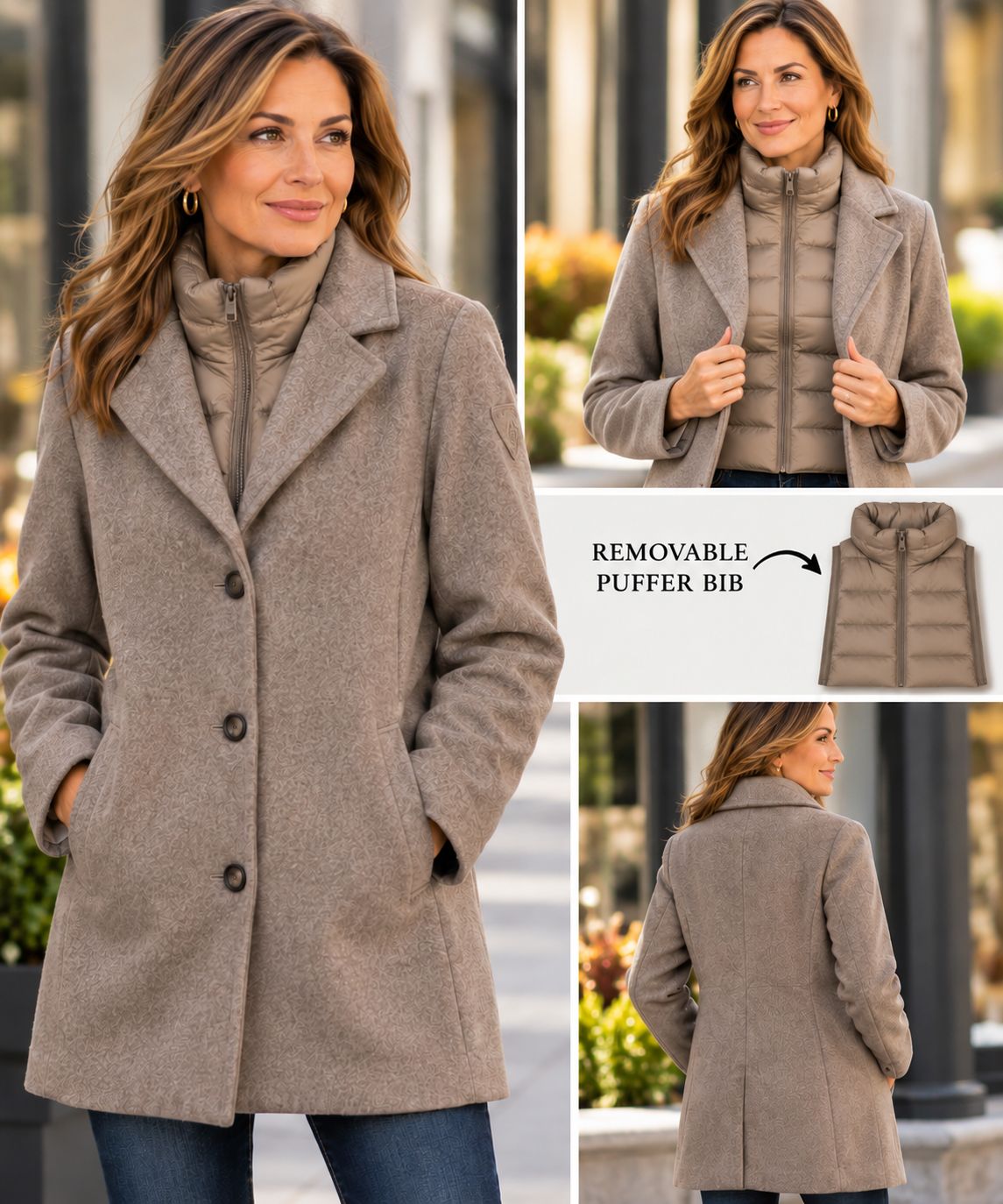 7768410 Button melton jacket w/pockets and detachable puffer bib