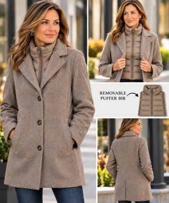 7768410 Button melton jacket w/pockets and detachable puffer bib