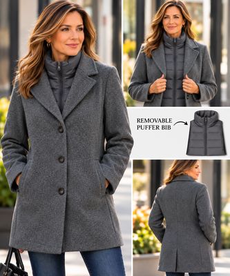 7768410 Button melton jacket w/pockets and detachable puffer bib