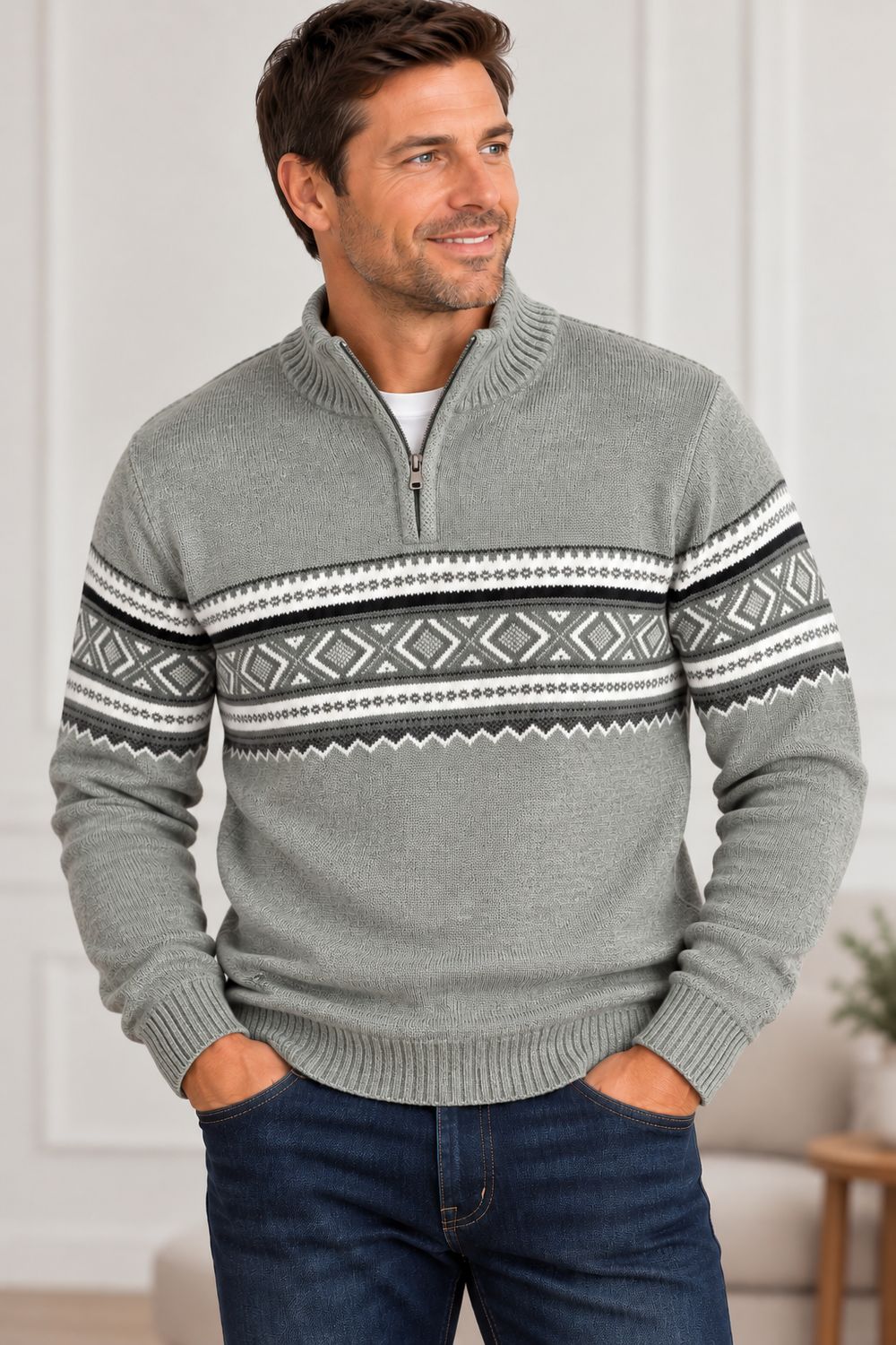 7768651 mock neck chenille jacquard pattern polar fleece sweater