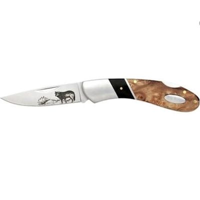 ER WOLF ENGRAVE STAINLESS/WOOD FOLDING KNIFE