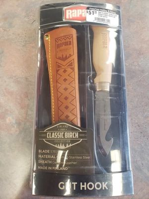 RAP CLASSIC BIRCH GUT HOOK FIXED KNIFE W/ LTHR SHTH