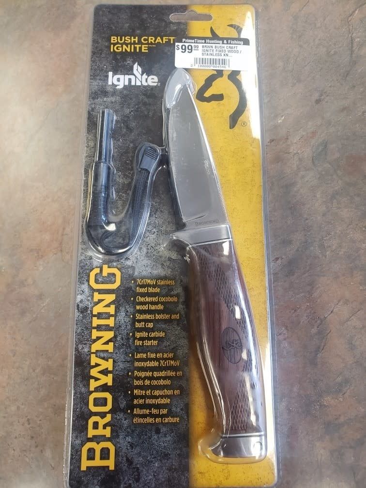 BRWN BUSH CRAFT IGNITE FIXED WOOD / STAINLESS KNIFE W/ LTHR SHTH
