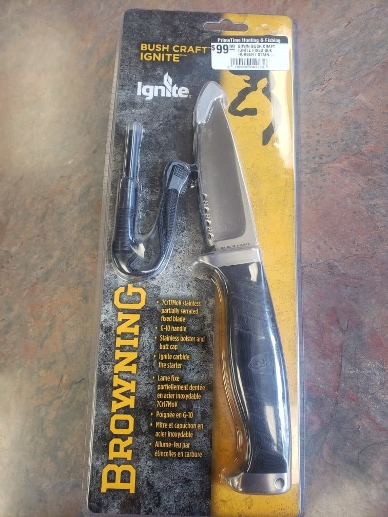 BRWN BUSH CRAFT IGNITE FIXED BLK RUBBER / STAINLESS KNIFE W/ LTHR SHTH