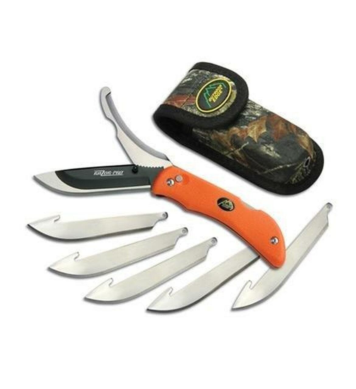 OE RAZOR PRO ORANGE FOLDING KNIFE W/ EXTRA BLADES &amp; CAMO SHTH