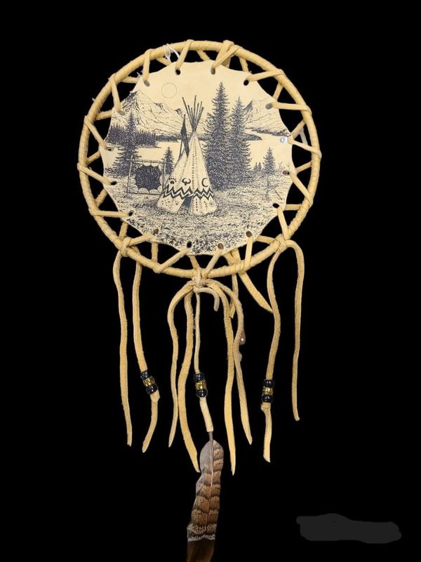 CONSIGN WRAPPED MOOSE HIDE 8&quot; DREAM WHEEL &quot;TEEPEE SCENE&quot;