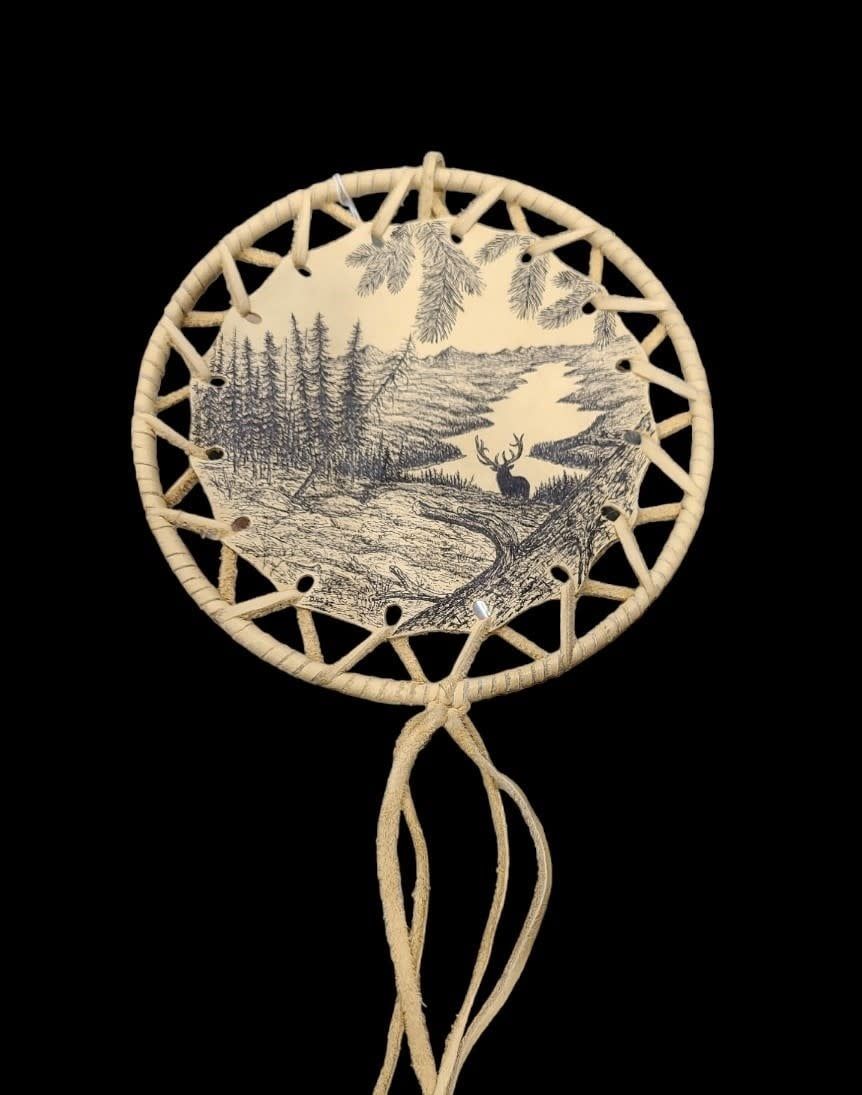 CONSIGN WRAPPED MOOSE HIDE 8&quot; DREAM WHEEL &quot;ELK SCENE&quot;