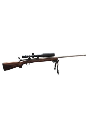 CONSIGN SAV CUSTOM BUILT 22-250 ACKLY IMPROVED HVY SS / WOOD PKG W/ MB, BUSH ELITE 4.5-30X50, BIPOD