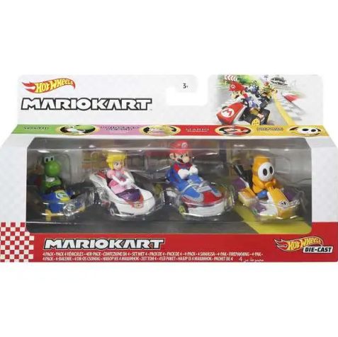 Hot Wheels Mario Kart Mario, Princess Peach, Green Yoshi &amp; Shy Guy Diecast Car 4-Pack