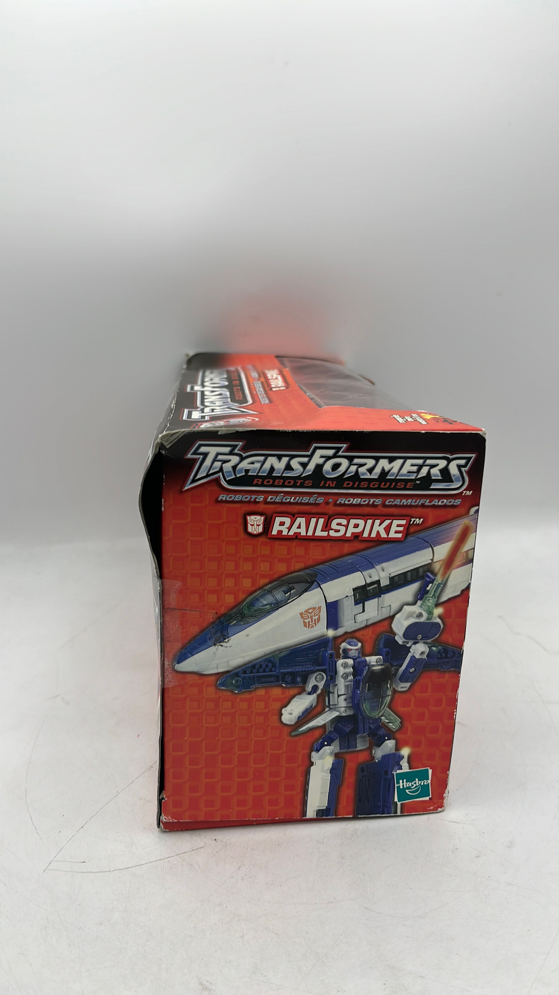 Hasbro Transformers Robots In Disguise Railspike Figure 2001 beat up box view 2
