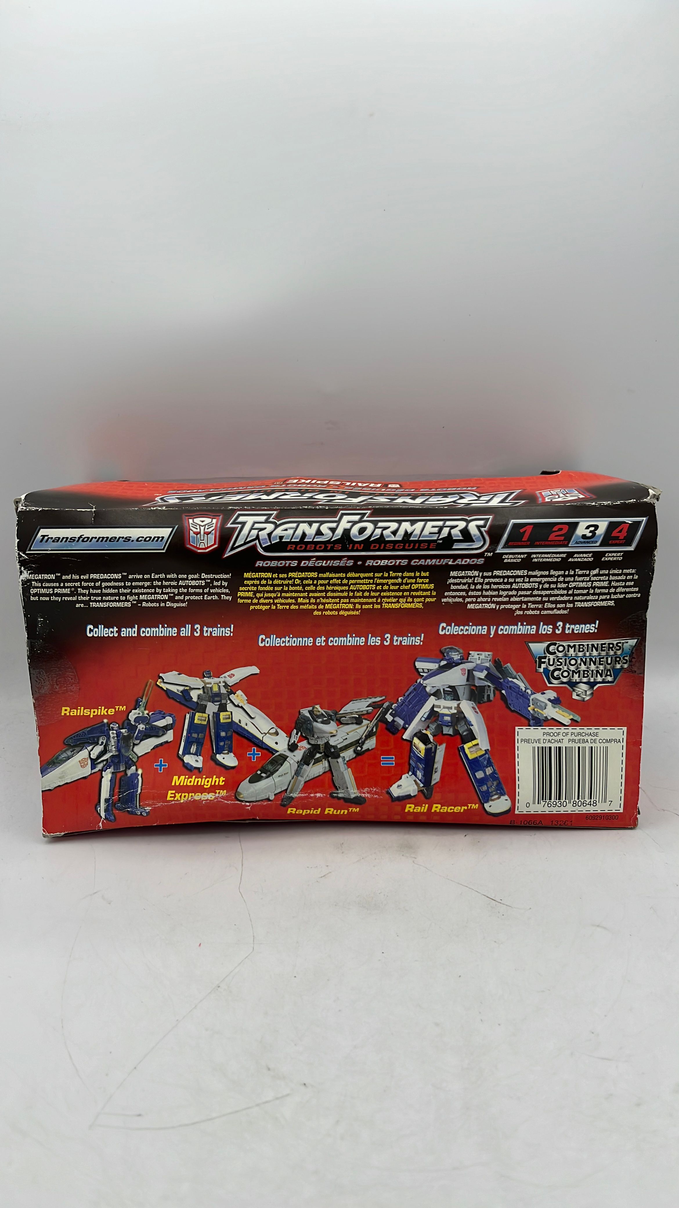 Hasbro Transformers Robots In Disguise Railspike Figure 2001 beat up box view 3