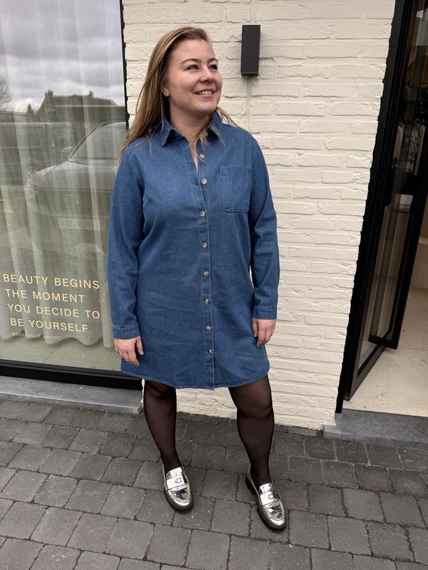 Blauwe Denim Jurk Lange Mouw