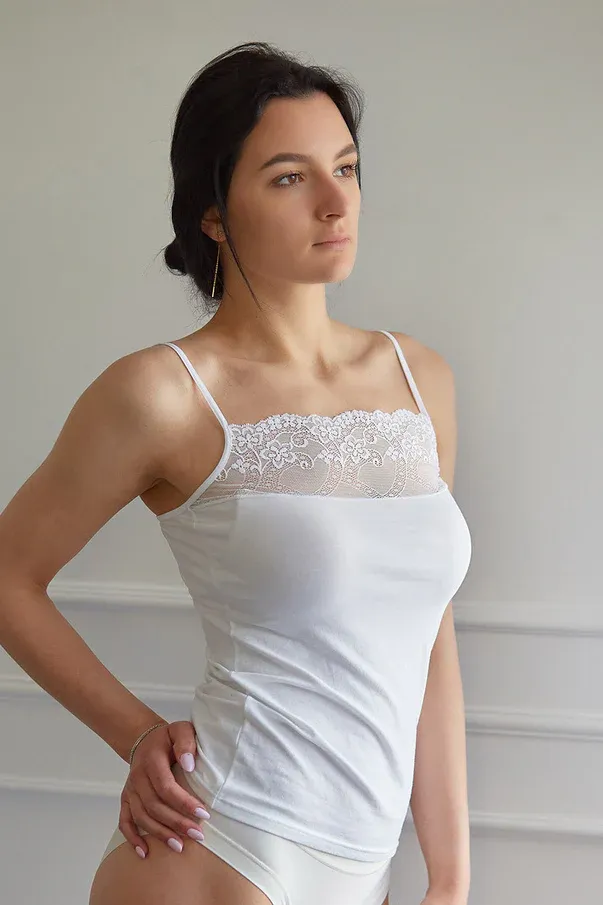 Janira Camiseta B Esencial Tops 1045144 (Spaghetti Straps w Lace Neckline), Color: Blanco 001, Size: M