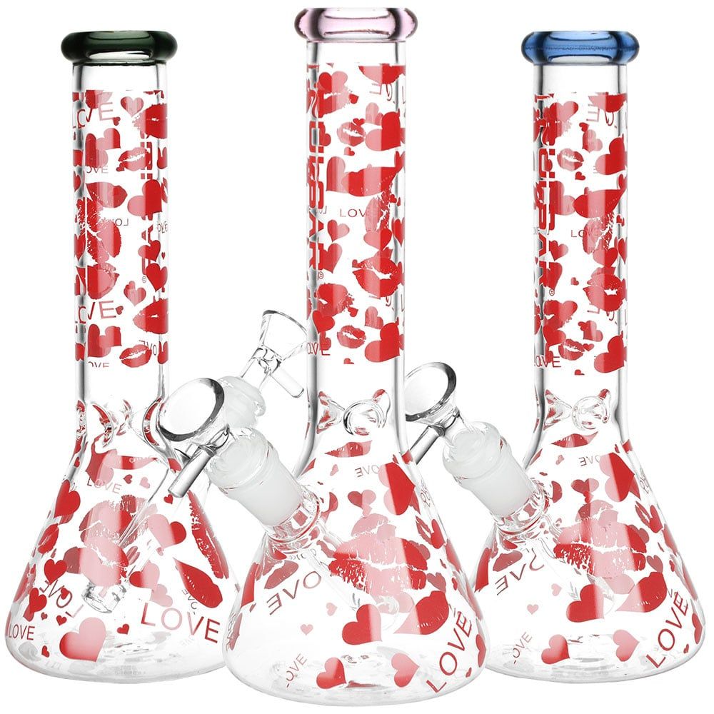 Pulsar Hearts And Kisses Glass Beaker Water Pipe | 9.75&quot; | 14mm F | Colors Vary