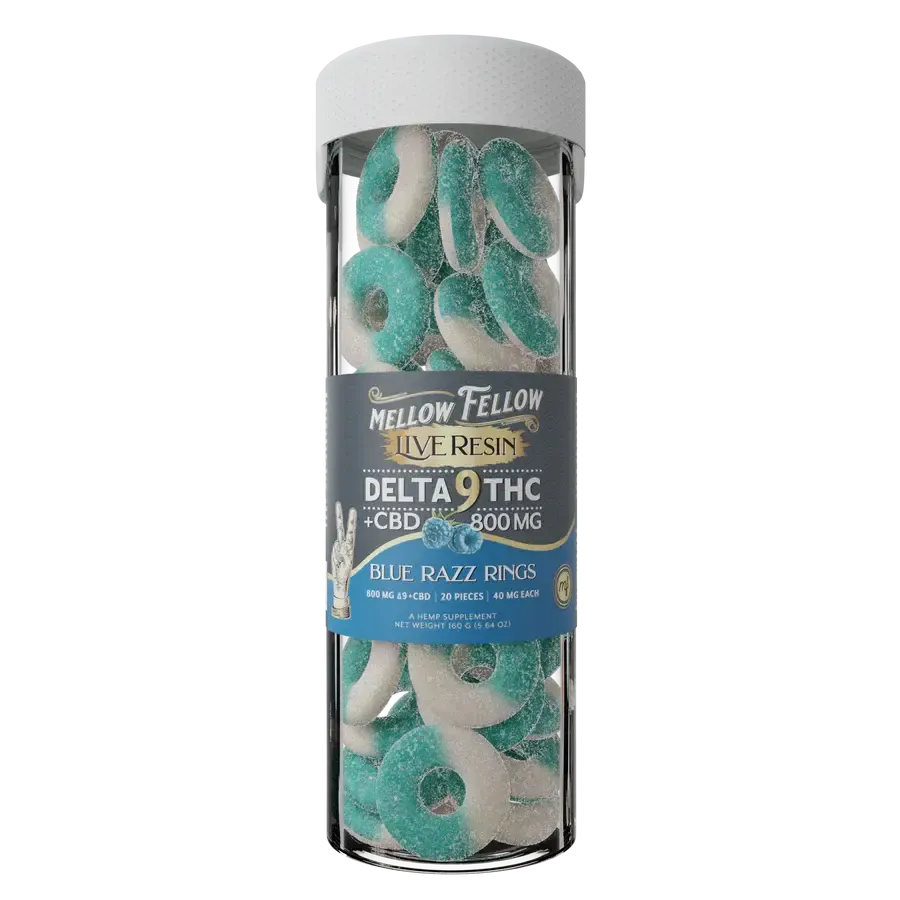 Mellow Fellow Live Resin Delta 9 + CBD 800mg 40mg Per Piece Blue Razz Rings