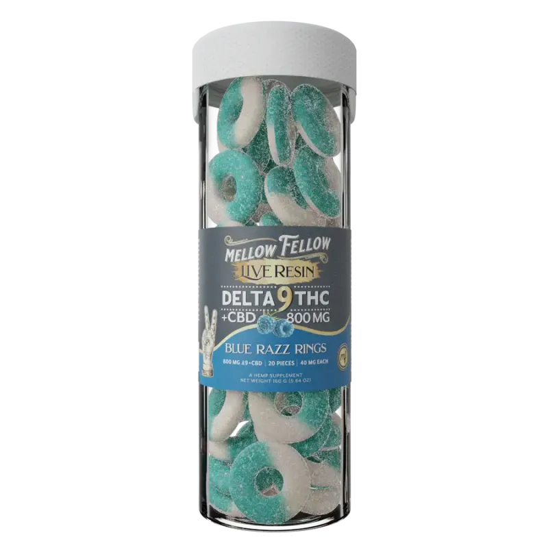 Mellow Fellow Live Resin Delta 9 + CBD 800mg 40mg Per Piece Blue Razz Rings