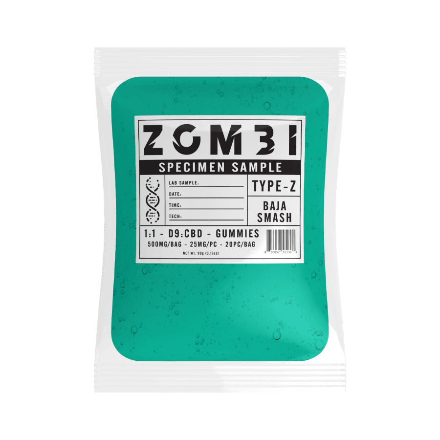 Zombi Baja Smash: 1:1 D9:CBD Gummies 500mg 25mg Per Piece