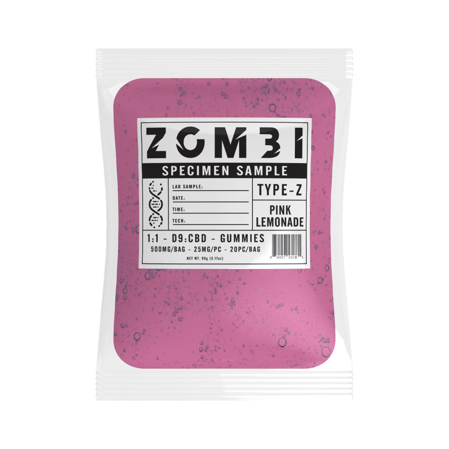 Zombi Pink Lemonade: 1:1 D9:CBD Gummies 500mg 25mg Per Piece