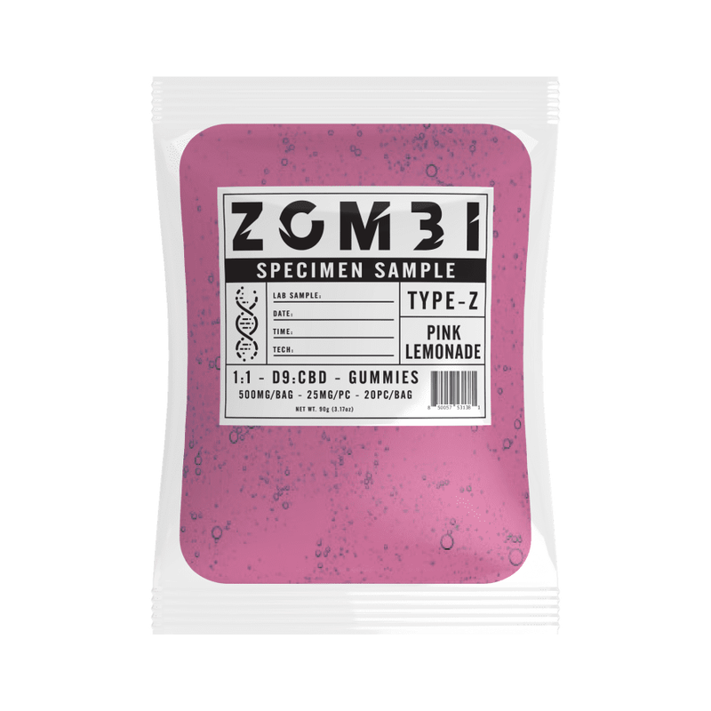 Zombi Pink Lemonade: 1:1 D9:CBD Gummies 500mg 25mg Per Piece