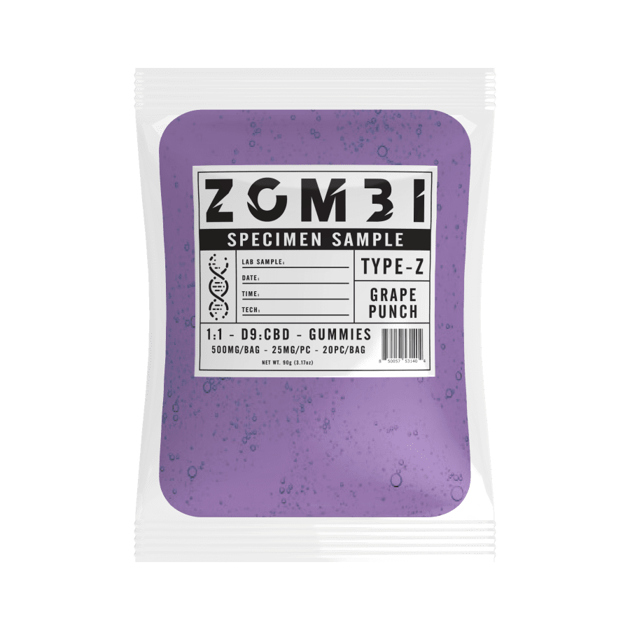 Zombi Grape Punch: 1:1 D9:CBD Gummies 500mg 25mg Per Piece