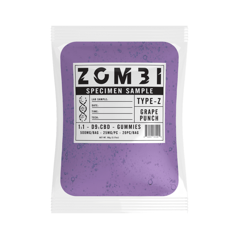 Zombi Grape Punch: 1:1 D9:CBD Gummies 500mg 25mg Per Piece