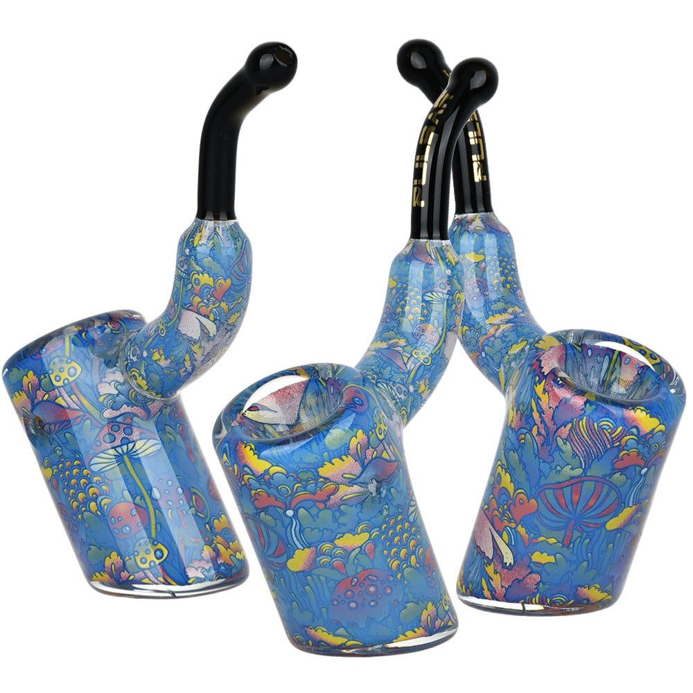 Pulsar Inside Print Bent Sherlock Glass Hand Pipe Neon Shrooms 4&quot;