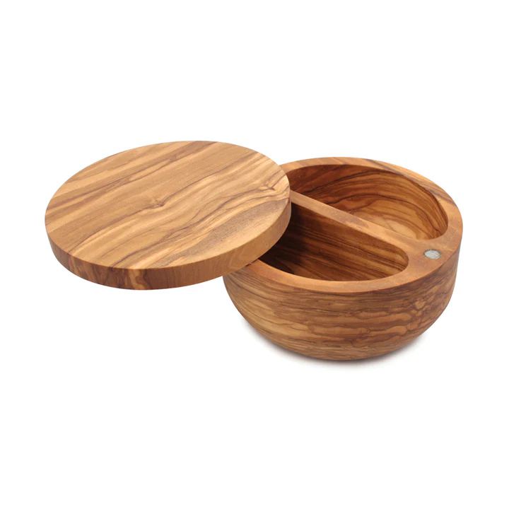 Salière Palerme en bois d&#39;olivier avec compartiment double et couvercle pivotant magnétique