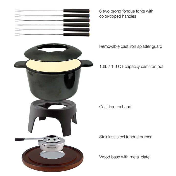 Ensemble de fondue de fonte émaillée 12 mcx - Noir métallisé